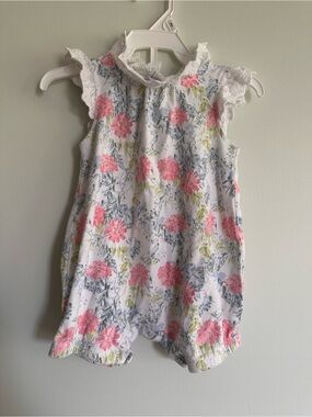 Laura Ashley White Floral Baby Romper with Pink Flowers Eyelet Details Girly